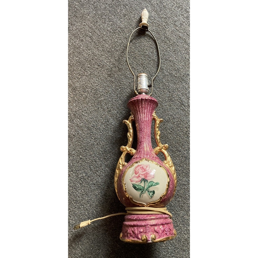 Vintage Ceramic Table Lamp Pink/Mauve, Gold Trim, Pink Rose Working-Nice!
